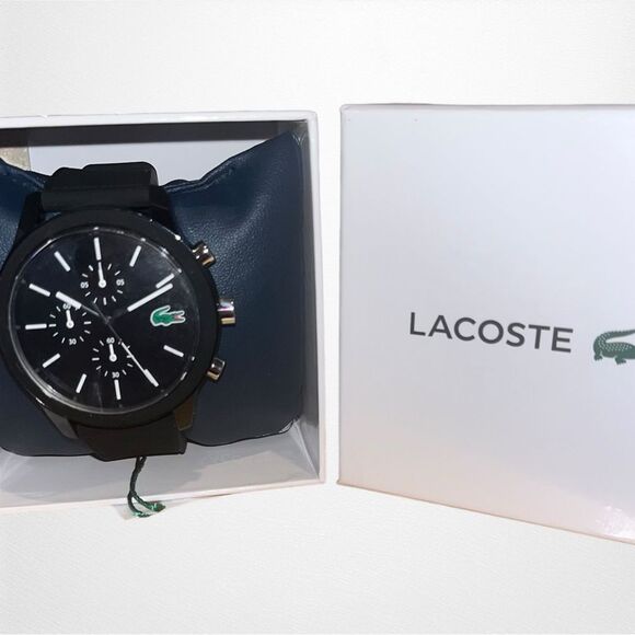 New With Tags in Box Men's Chronograph L.12.12 Black Silicone Strap Watch 44mm